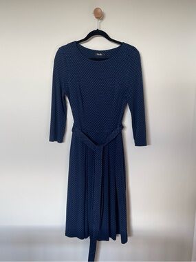 Navy Blue Polka Dot Midi Dress with Waist Tie